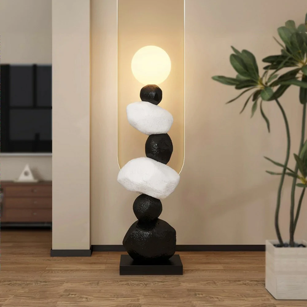 LIVARA Stone Floor Lamp - Artistic Resin & PC Lampshade Design, Three-Colour Tap Control LED Light, Minimalist Home Décor Lighting - Black - Image 4