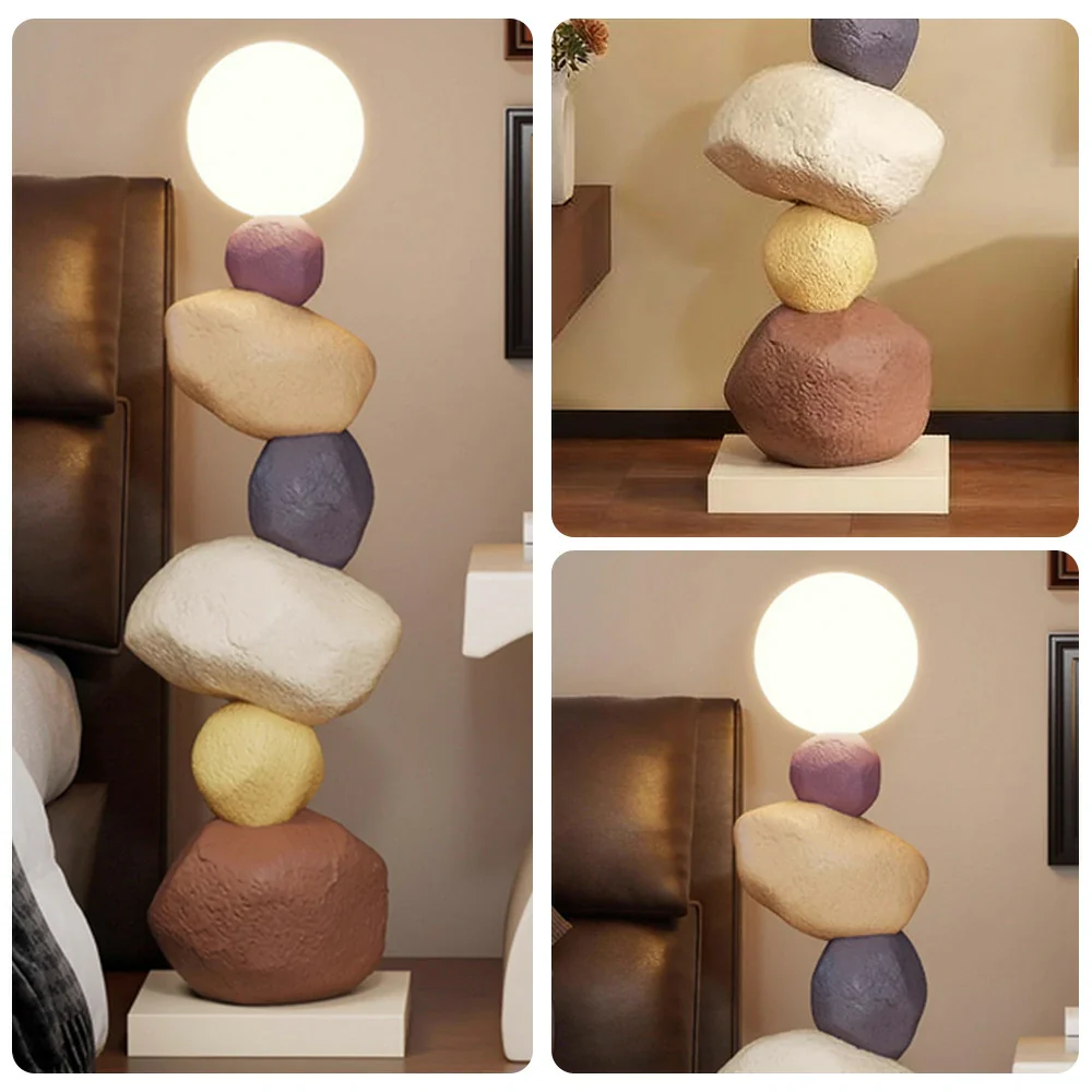 LIVARA Stone Floor Lamp - Artistic Resin & PC Lampshade Design, Three-Colour Tap Control LED Light, Minimalist Home Décor Lighting - Brown - Image 3