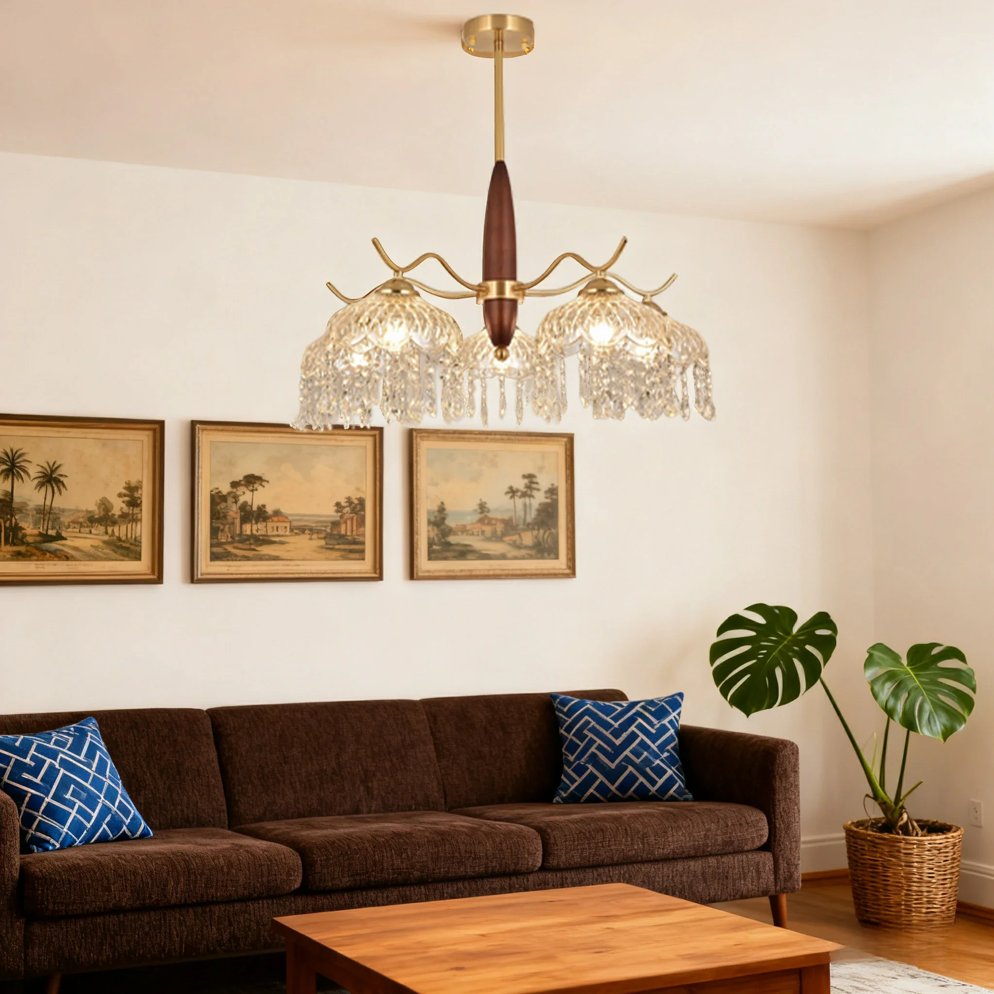 LIVARA 60W Crystal Pendant Light with Eye-Protection LED, Three-Color Dimmable Lighting & Solid Wood Electroplated Iron Body - Image 4