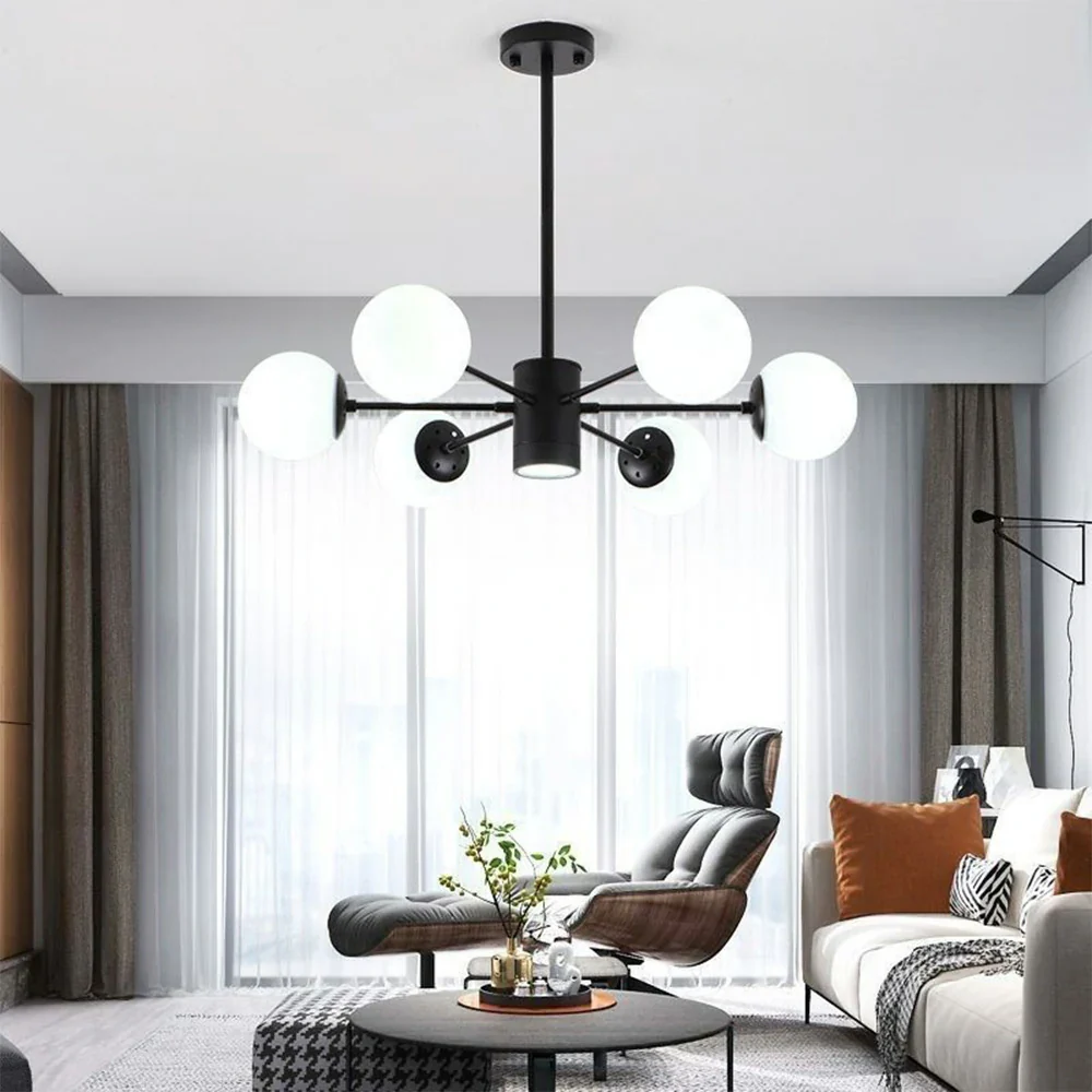 LIVARA 6-Head Black Opal Glass Pendant Light with 5W Tri-Color LED Bulbs Modern Iron & Glass Chandelier Adjustable Rod Design - Elegant Ceiling Lamp - Image 4