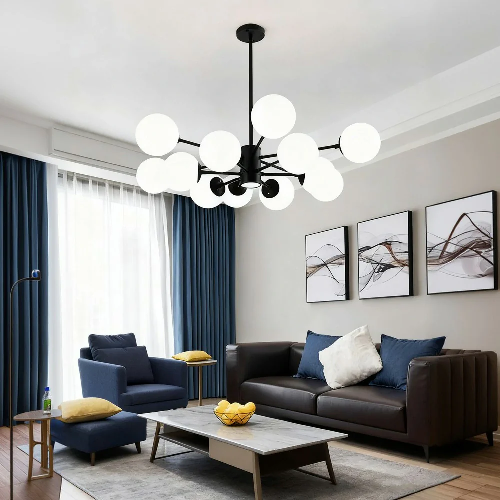 LIVARA 12-Head Black Opal Glass Pendant Light with 5W Tri-Color LED Bulbs Modern Iron & Glass Chandelier Adjustable Rod Design for Living & Dining Room - Image 4