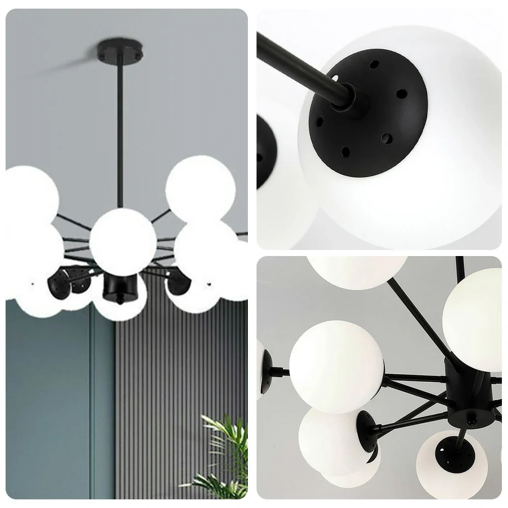 LIVARA 16-Head Black Opal Glass Pendant Light with 5W Tri-Color LED Bulbs Modern Iron & Glass Chandelier Adjustable Rod Design for Living & Dining Room - Image 3