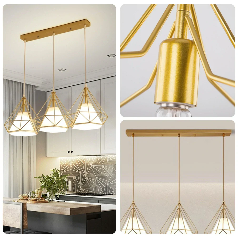 LIVARA 3-Head Linear Pendant Light Single White LED Light Iron + Fabric Design Modern Hanging Ceiling Lamp - Gold & White - Image 3