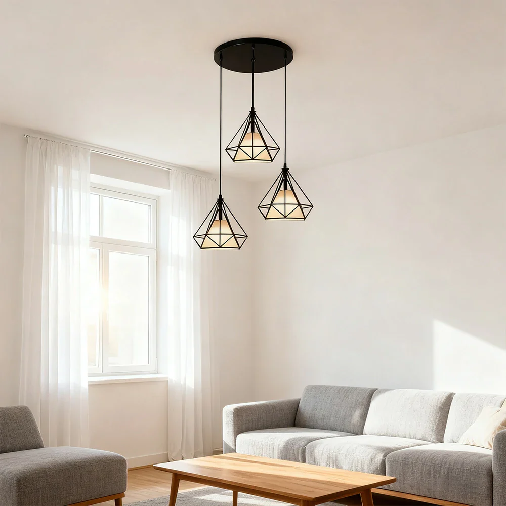 LIVARA 3-Head Round Base Pendant Light Three-Color Dimmable LED Hanging Lamp Modern Iron + Fabric Design for Living & Dining Room - Black - Image 2