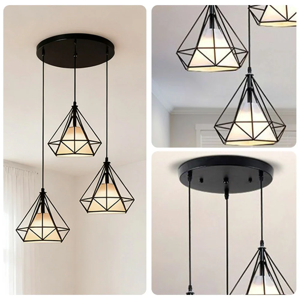 LIVARA 3-Head Round Base Pendant Light Three-Color Dimmable LED Hanging Lamp Modern Iron + Fabric Design for Living & Dining Room - Black - Image 3