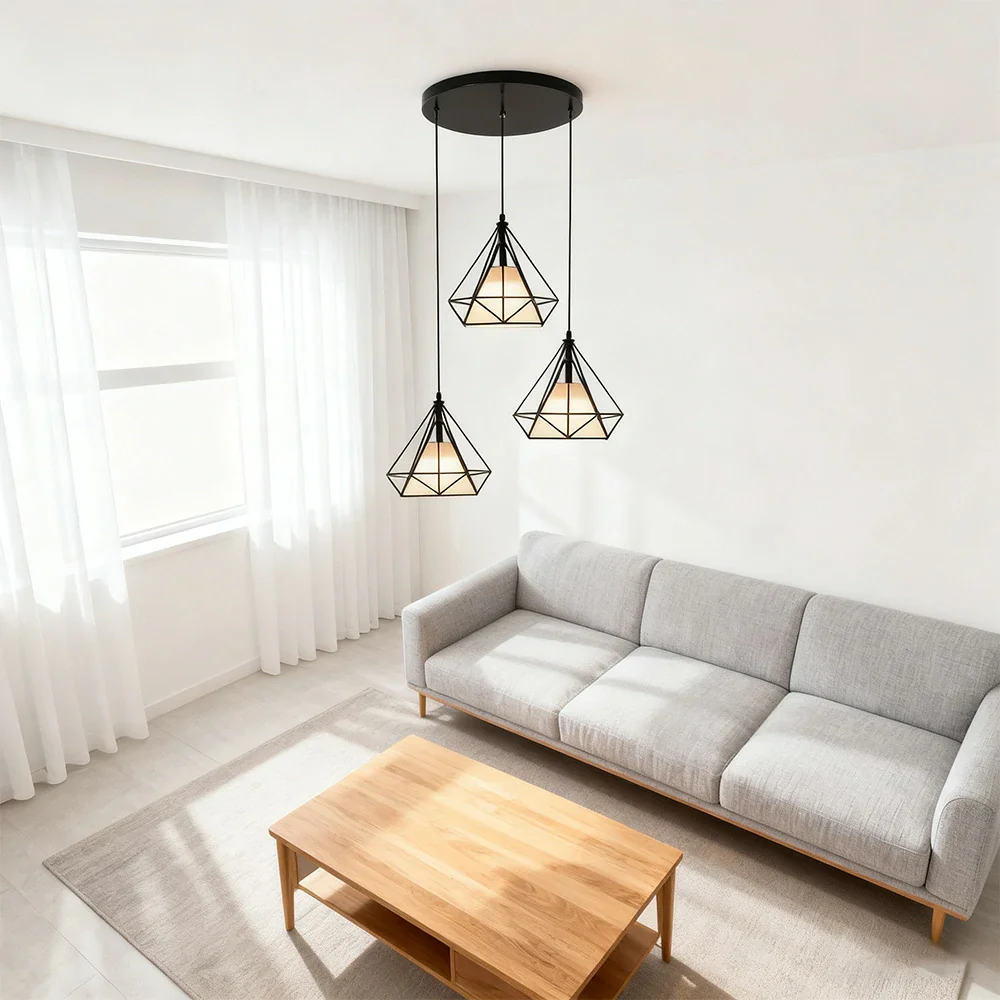 LIVARA 3-Head Round Base Pendant Light Three-Color Dimmable LED Hanging Lamp Modern Iron + Fabric Design for Living & Dining Room - Black - Image 4