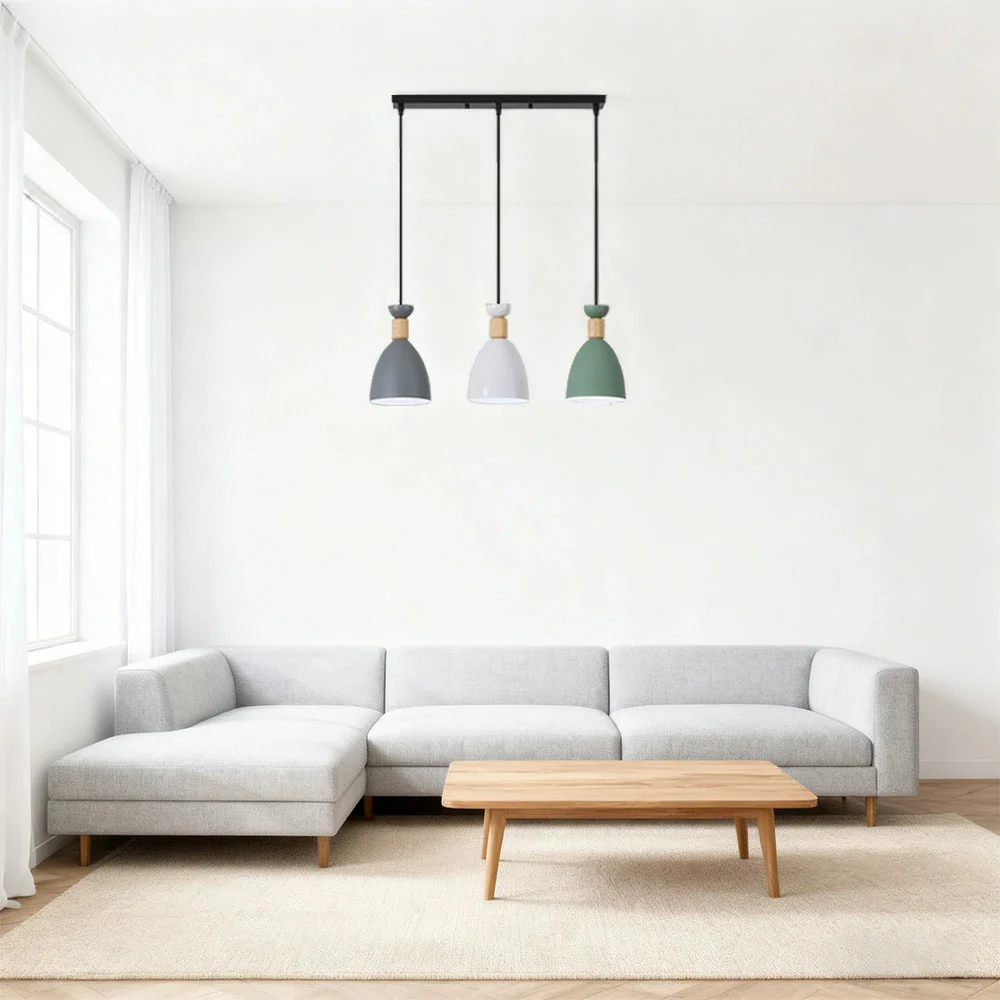 LIVARA 3-Head Linear Pendant Light Three-Color Dimmable LED Hanging Lamp Modern Iron & Wood Design for Dining Room and Kitchen Island - Grey & Green - Image 4