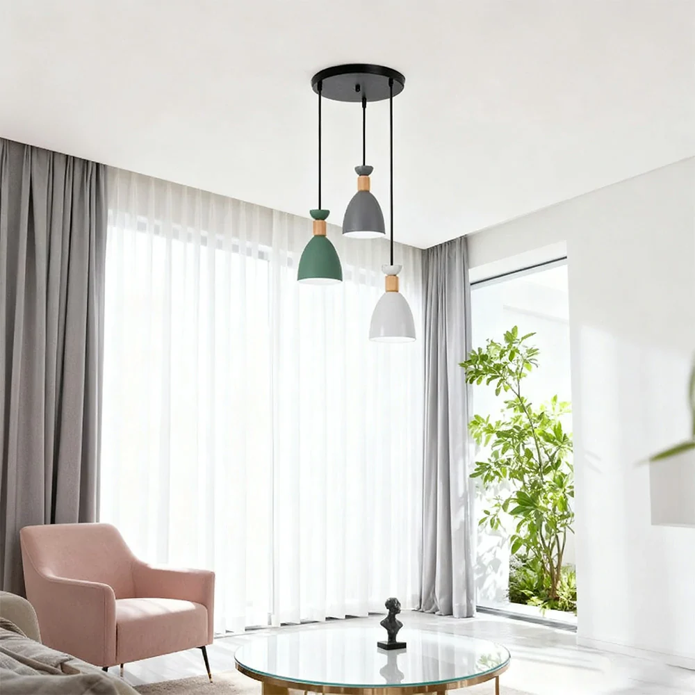 LIVARA 3-Head Round Base Pendant Light Three-Color Dimmable LED Hanging Lamp Modern Iron & Wood Design for Dining Room and Kitchen Island - Grey & Green - Image 2