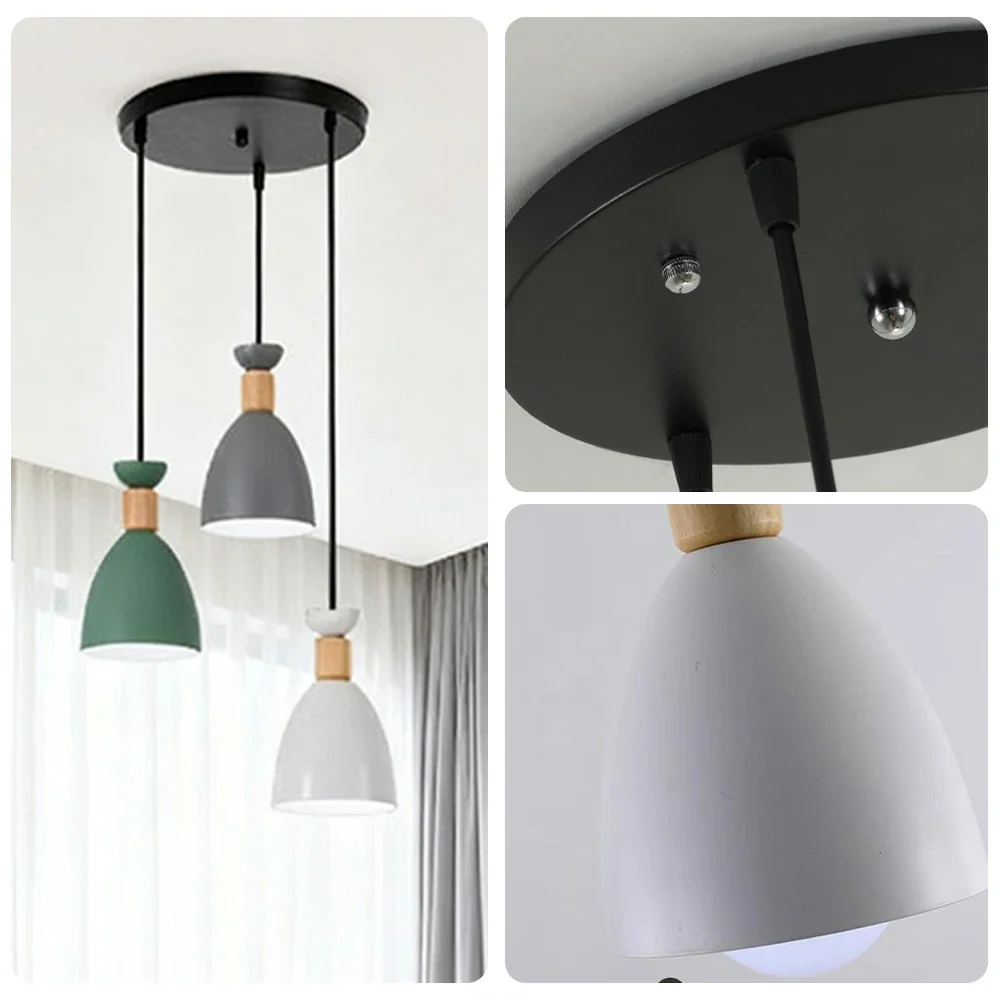 LIVARA 3-Head Round Base Pendant Light Three-Color Dimmable LED Hanging Lamp Modern Iron & Wood Design for Dining Room and Kitchen Island - Grey & Green - Image 3