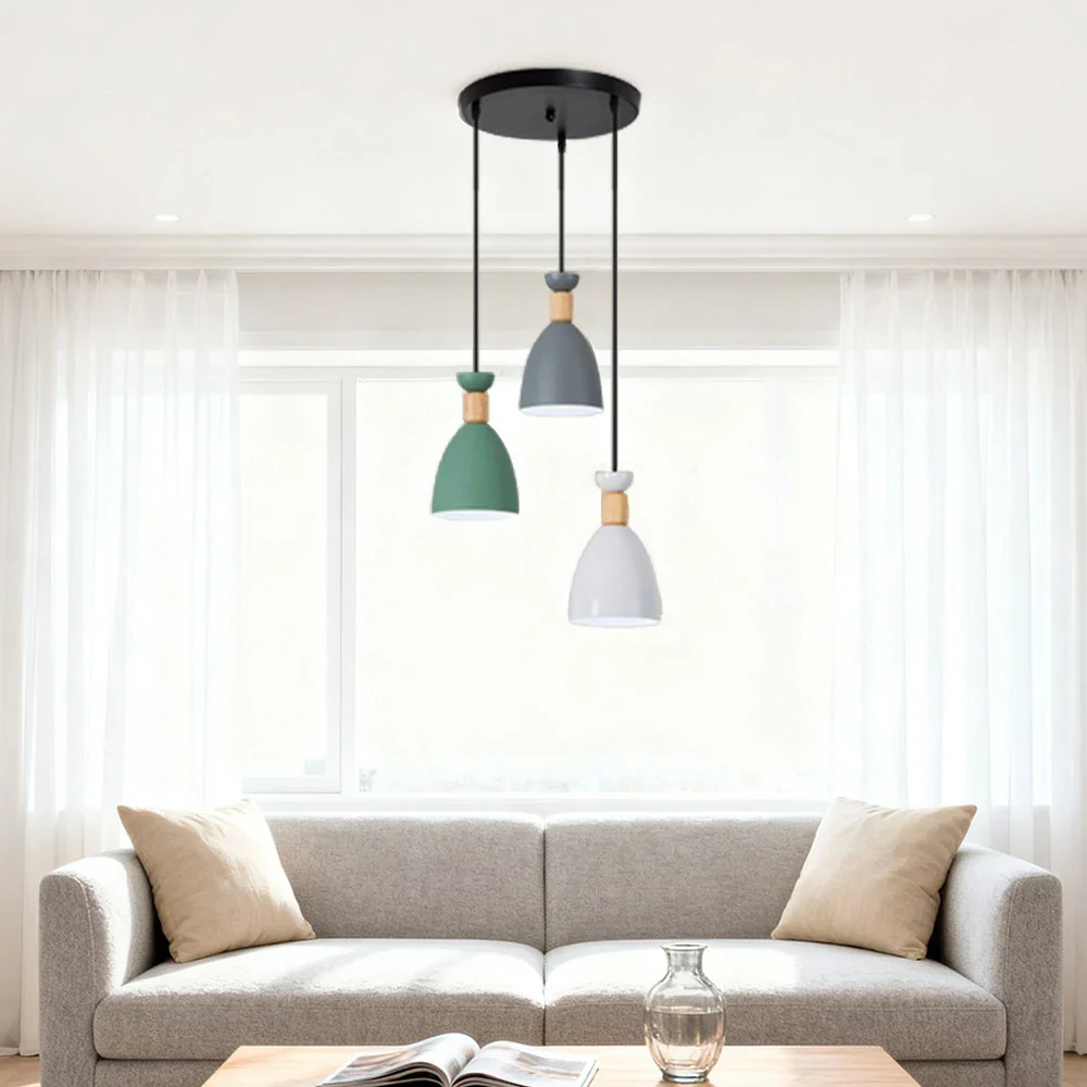 LIVARA 3-Head Round Base Pendant Light Three-Color Dimmable LED Hanging Lamp Modern Iron & Wood Design for Dining Room and Kitchen Island - Grey & Green - Image 4