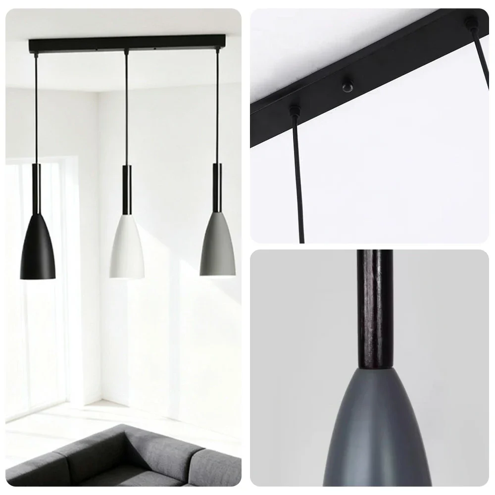 LIVARA 3-Head Linear Pendant Light Three-Color Dimmable LED Hanging Lamp Modern Iron & Wood Design for Dining Room and Kitchen Island - Black & Grey - Image 3