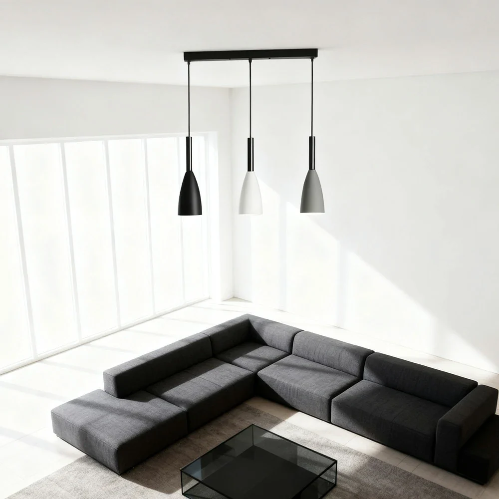 LIVARA 3-Head Linear Pendant Light Three-Color Dimmable LED Hanging Lamp Modern Iron & Wood Design for Dining Room and Kitchen Island - Black & Grey - Image 4