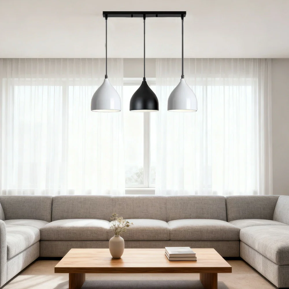 LIVARA 3-Head Round Base Pendant Light Three-Color Dimmable LED Hanging Lamp Modern Iron & Wood Design for Dining Room and Kitchen Island - Black & Grey - Image 2