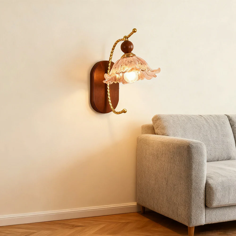 LIVARA 12W Amber Flower Glass Wall Lamp Three-Color Dimmable LED Eye-Protection Light with Solid Wood Base - Vintage Style - Image 4