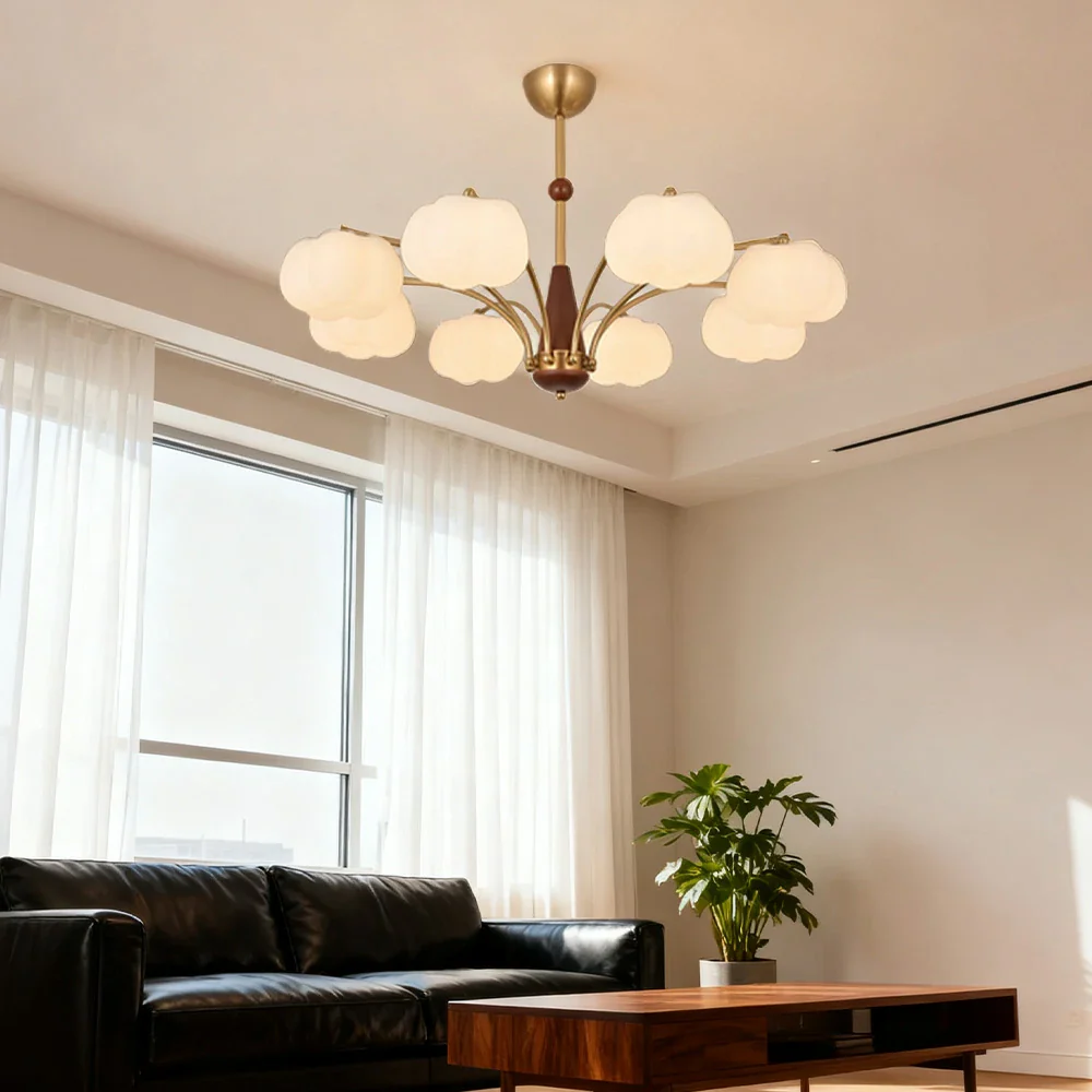 LIVARA 72W Cotton Cloud 8-Head LED Pendant Light Three-Color Dimmable Ceiling Lamp Modern Iron & Wood Design - Image 2