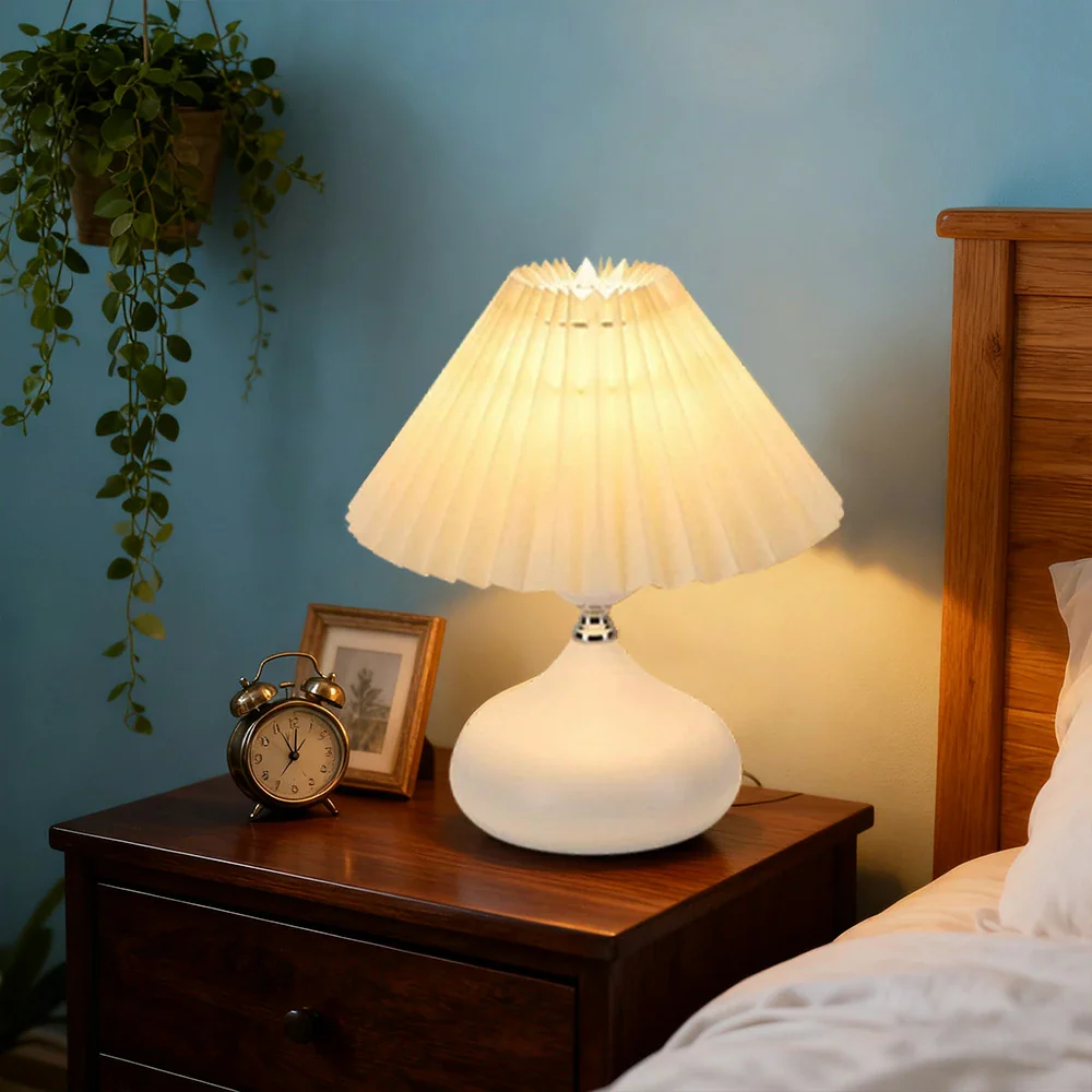 LIVARA 5W Table Lamp Three-Color Dimmable with Pleated Fabric Shade & Ceramic Base – Button Switch - White - Image 2