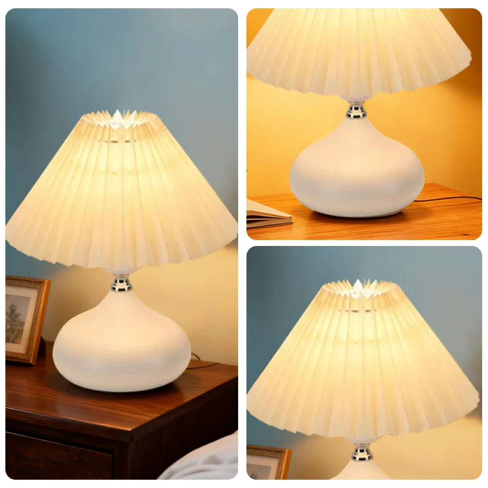 LIVARA 5W Table Lamp Three-Color Dimmable with Pleated Fabric Shade & Ceramic Base – Button Switch - White - Image 3