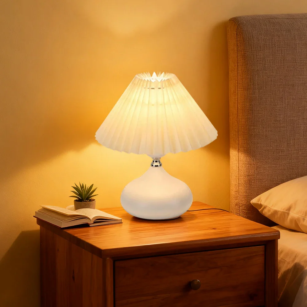 LIVARA 5W Table Lamp Three-Color Dimmable with Pleated Fabric Shade & Ceramic Base – Button Switch - White - Image 4