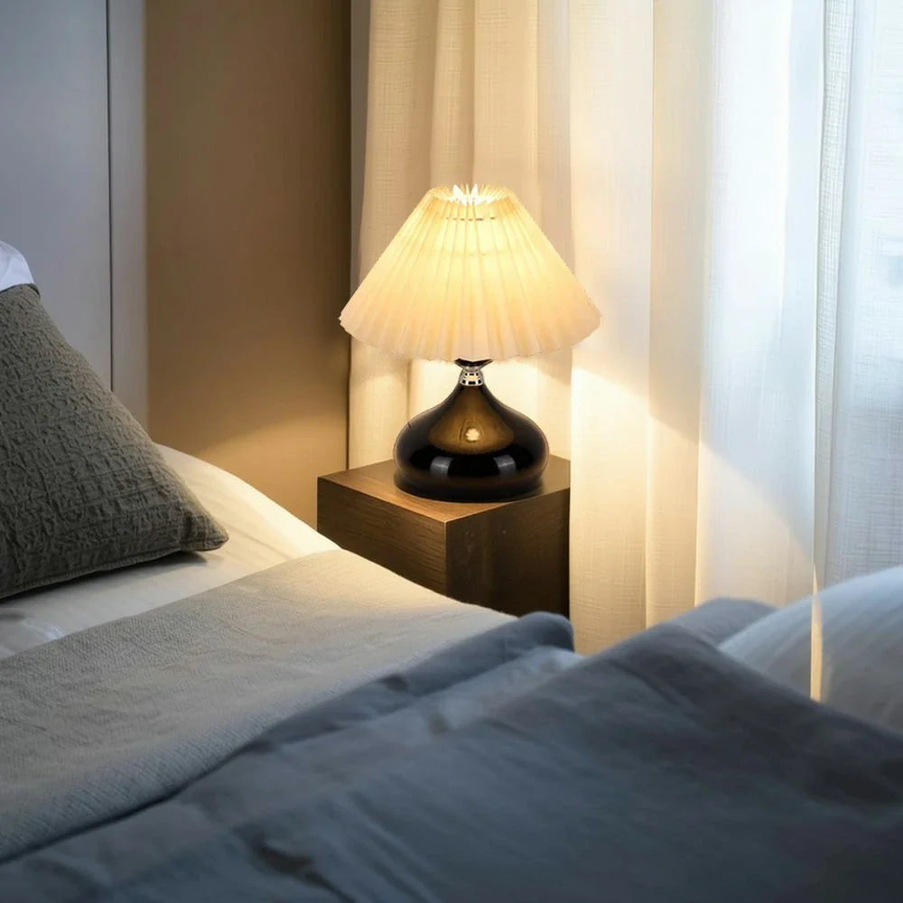 LIVARA 5W Table Lamp Three-Color Dimmable with Pleated Fabric Shade & Ceramic Base - Button Switch - Black - Image 2