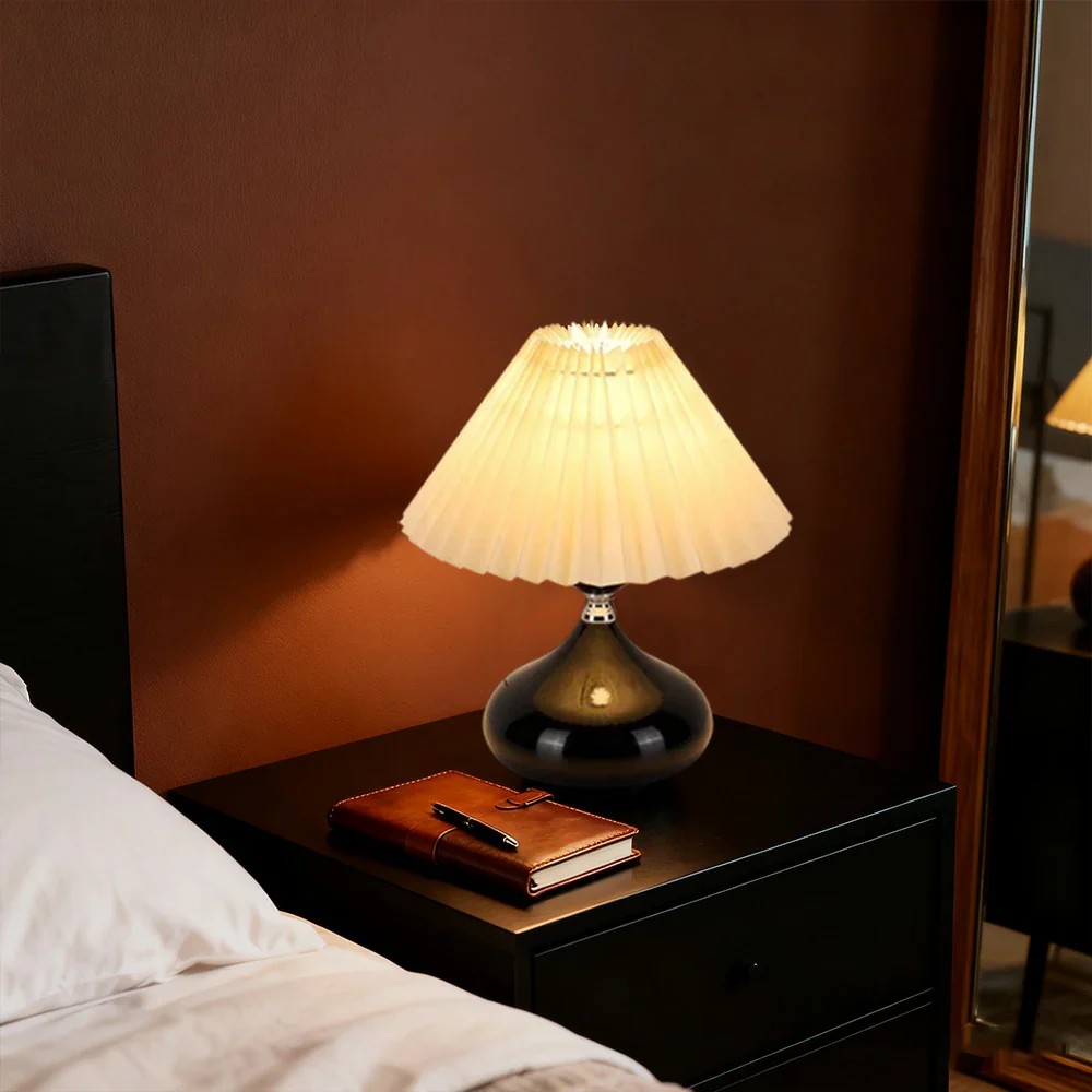LIVARA 5W Table Lamp Three-Color Dimmable with Pleated Fabric Shade & Ceramic Base - Button Switch - Black - Image 4