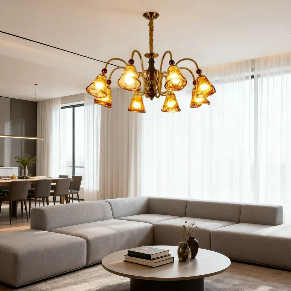 LIVARA 96W 8-Head 90cm Pendant Light Three-Color Dimmable Ceiling Lamp with Amber Glass Shades & Modern Iron Frame - Walnut - Image 2