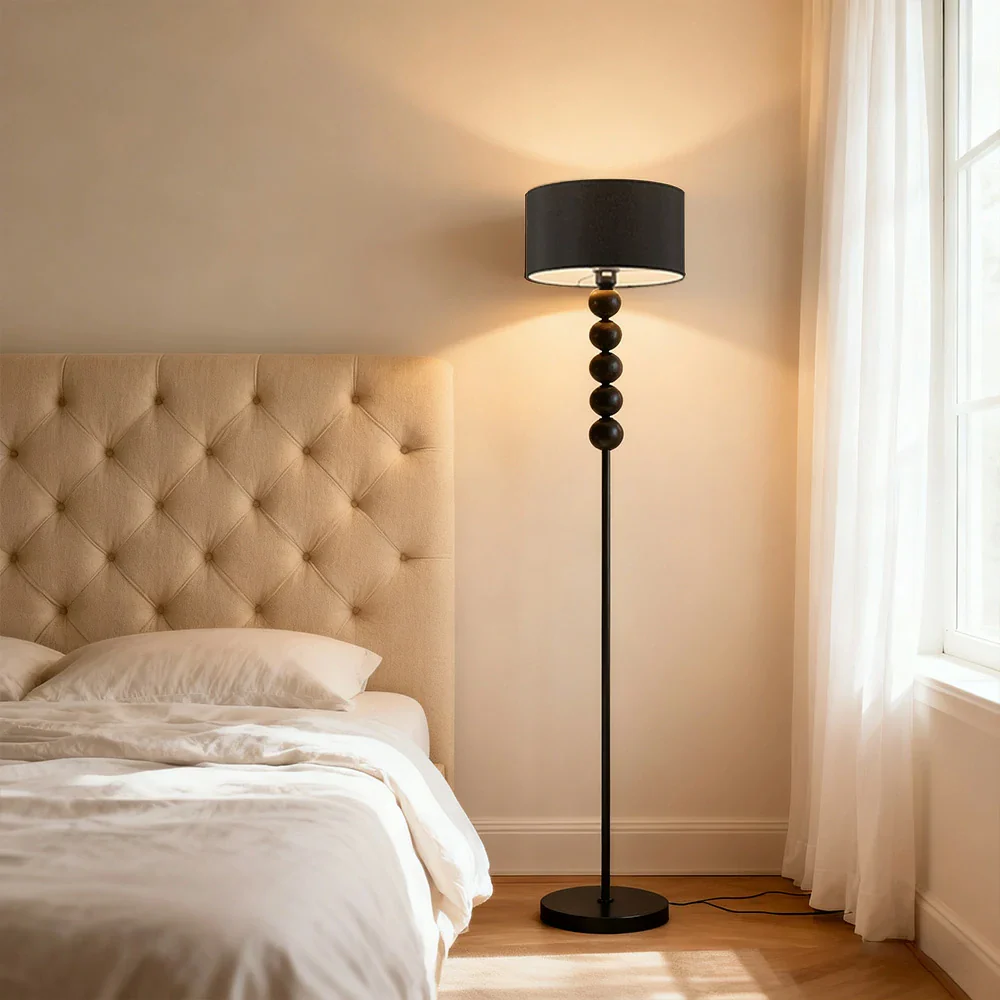 LIVARA 5W/7W/12W Floor Lamp with Full-Spectrum Eye-Protection Light, Fabric Shade, Three-Color Dimmable E27 Bulb & Black Iron Base - Black - Image 2
