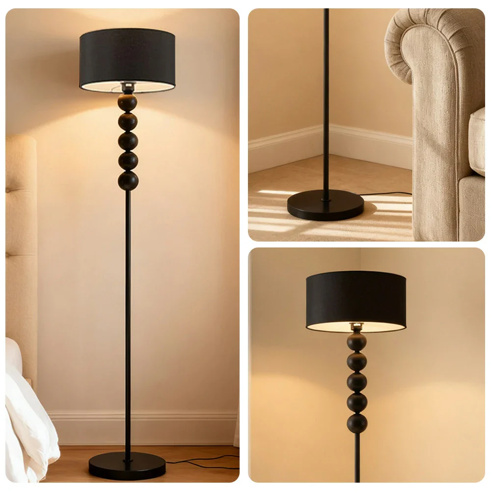 LIVARA 5W/7W/12W Floor Lamp with Full-Spectrum Eye-Protection Light, Fabric Shade, Three-Color Dimmable E27 Bulb & Black Iron Base - Black - Image 3