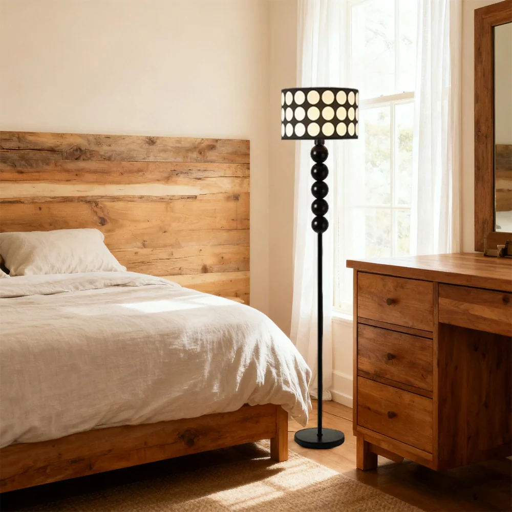 LIVARA 9W/12W Floor Lamp with Three-Color Dimmable Light, Polka Dot Fabric Shade & Modern Iron Base - Black - Image 2