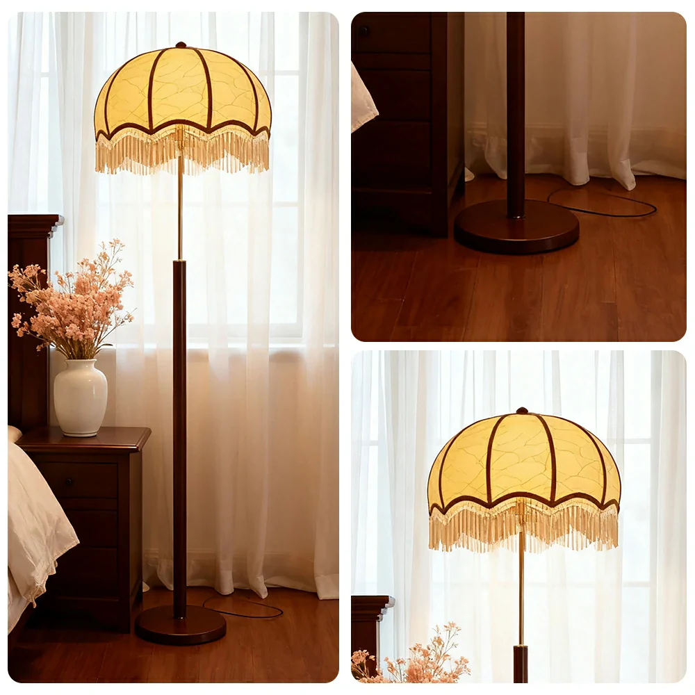LIVARA Fabric Floor Lamp with Textured Shade, 9/12W Wood-Grain Metal Stand, Foot Switch & Stable Weighted Base - Image 3