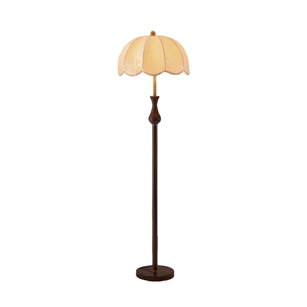 LIVARA Fabric Floor Lamp with Wood-Grain Iron Pole, 9/12W Pull Chain, Anti-Wobble Base & Fire-Retardant Lamp Holder - Gold&Walnut