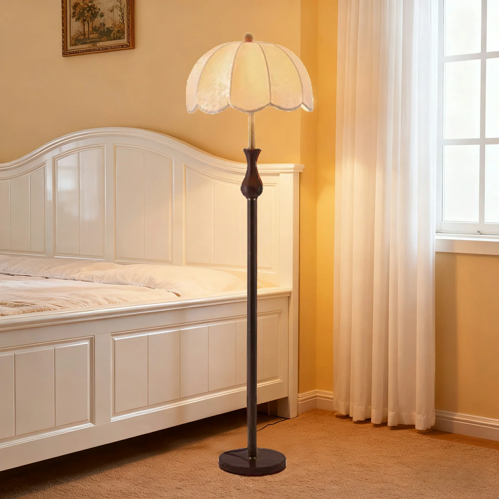 LIVARA Fabric Floor Lamp with Wood-Grain Iron Pole, 9/12W Pull Chain, Anti-Wobble Base & Fire-Retardant Lamp Holder - Gold&Walnut - Image 4