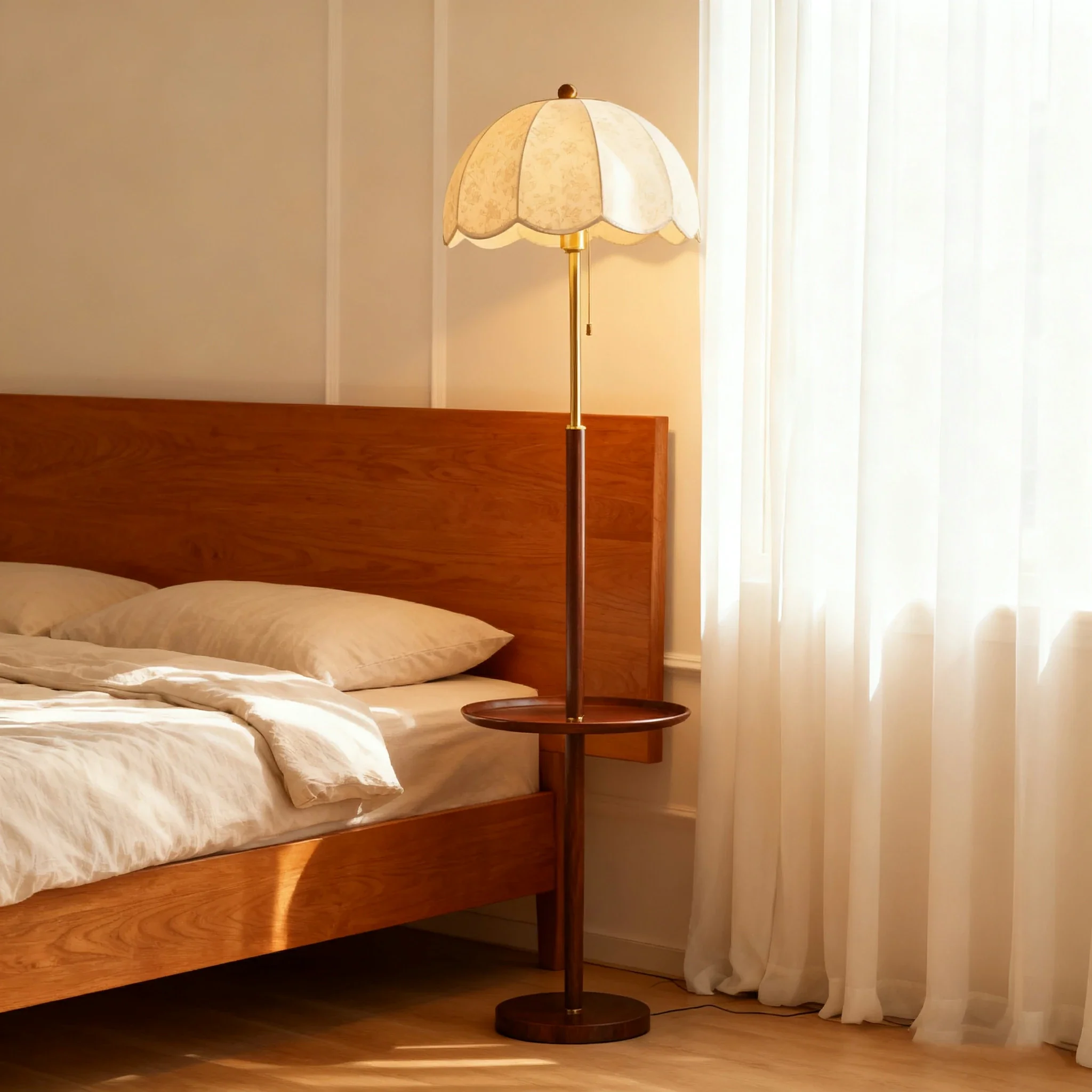 LIVARA Fabric Floor Lamp 9/12W with Walnut Wood-Grain Metal Frame, Pull Chain Switch & Stable Weighted Base - Image 4