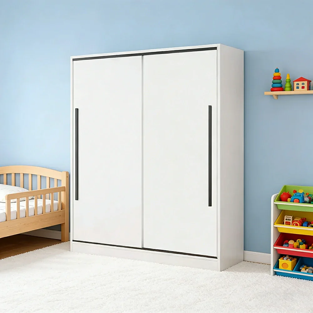 LIVARA 80/120cm Sliding Door Wardrobe Cabinet - Deep 60cm Storage Closet with Hanging Rail, Solid Wood Core Board Durable Design - White - Image 4