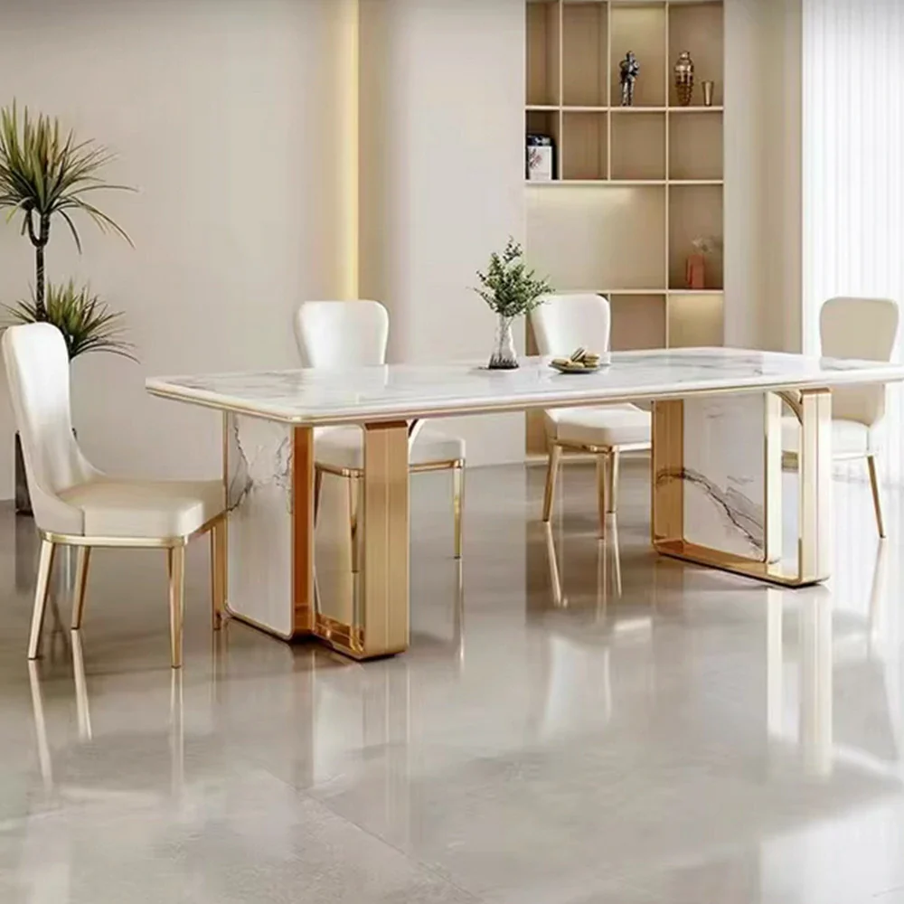 LIVARA 140/160cm Dining Table Sintered Stone Tabletop Heat & Scratch Resistant with Sturdy Metal Legs - White&Gold - Image 2
