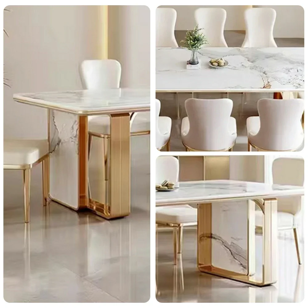 LIVARA 140/160cm Dining Table Sintered Stone Tabletop Heat & Scratch Resistant with Sturdy Metal Legs - White&Gold - Image 3