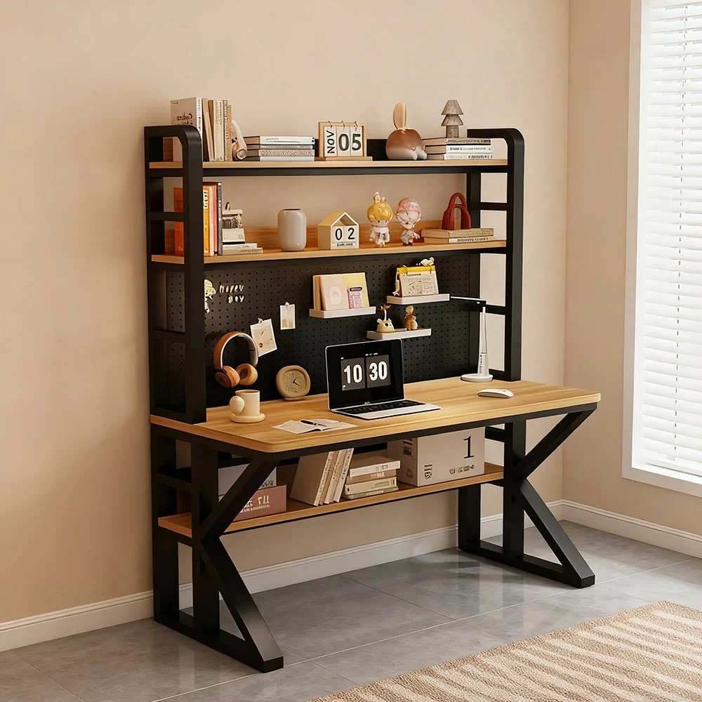 LIVARA Office Desk 100/120/140cm, 2-in-1 Space-Saving Design, Thick Panels, Steel Frame, Pegboard Storage - Black and Wood - Image 2