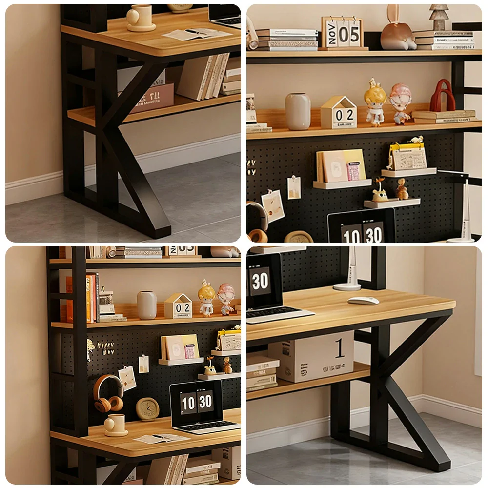 LIVARA Office Desk 100/120/140cm, 2-in-1 Space-Saving Design, Thick Panels, Steel Frame, Pegboard Storage - Black and Wood - Image 3