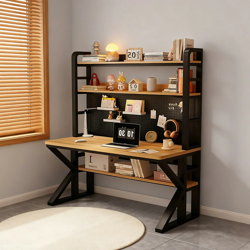 LIVARA Office Desk 100/120/140cm, 2-in-1 Space-Saving Design, Thick Panels, Steel Frame, Pegboard Storage - Black and Wood - Image 4