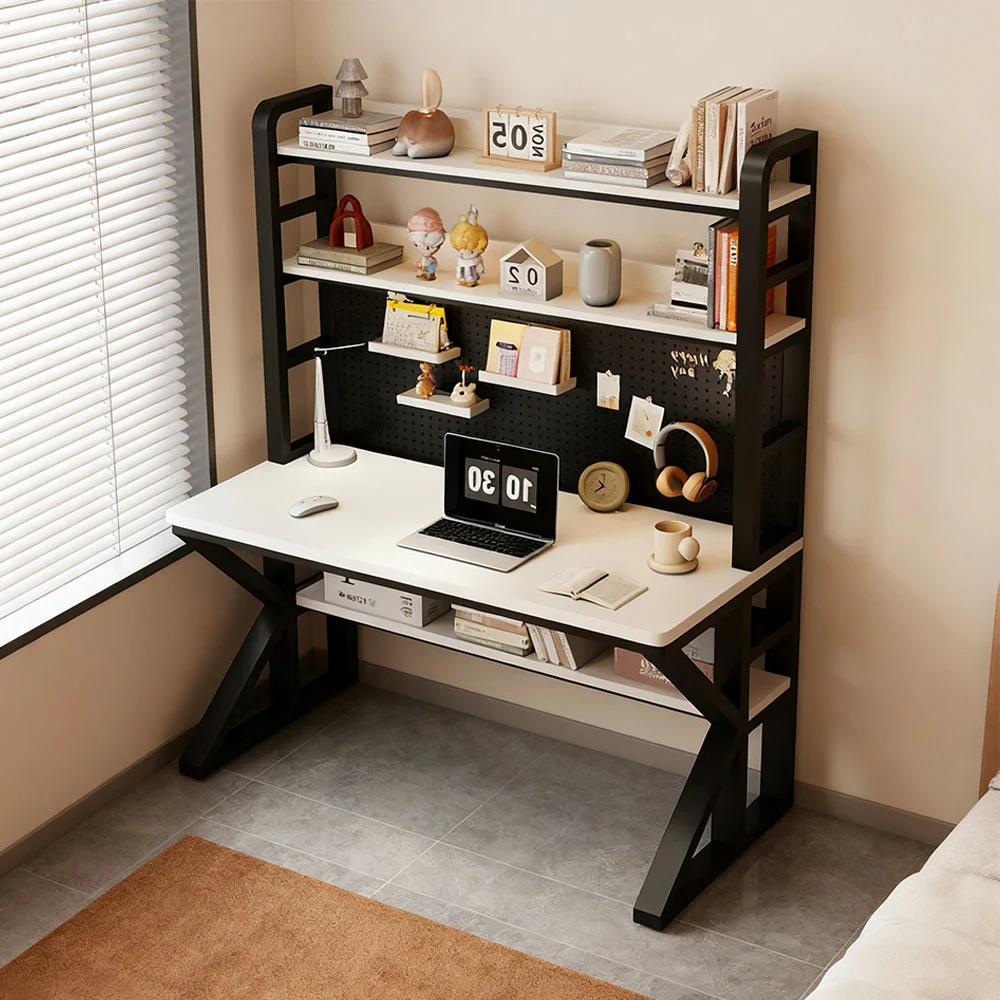 LIVARA Office Desk 100/120/140cm, 2-in-1 Space-Saving Design, Thick Panels, Steel Frame, Pegboard Storage - Black and White - Image 4
