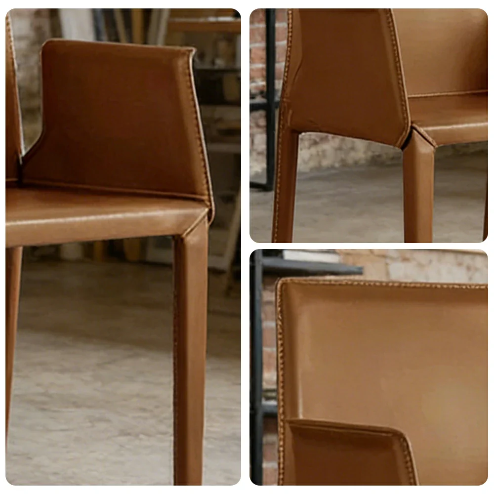 LIVARA Modern Arm Dining Chair - Premium 2.2mm Saddle Leather Upholstery, High Back Support, Carbon Steel Legs, Durable Stitching Design - Brown - Image 3