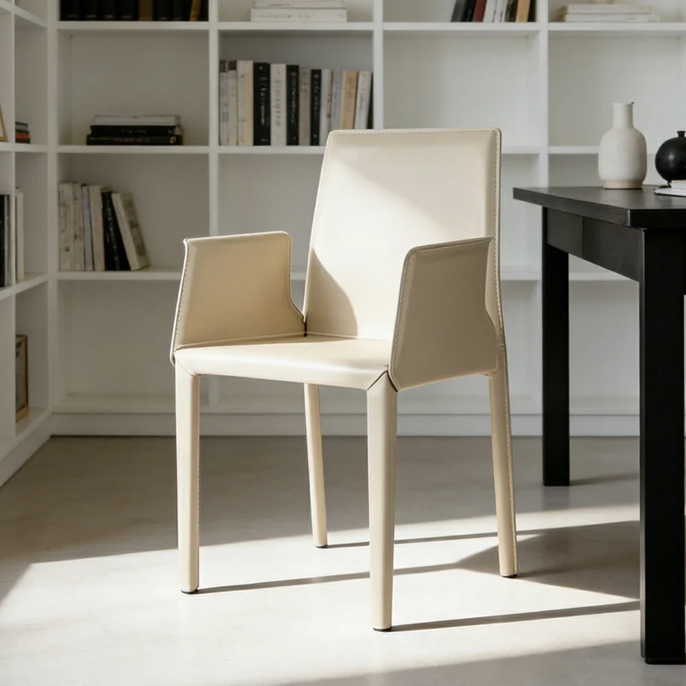 LIVARA Modern Arm Dining Chair - Premium 2.2mm Saddle Leather Upholstery, High Back Support, Carbon Steel Legs, Durable Stitching Design - Beige - Image 2