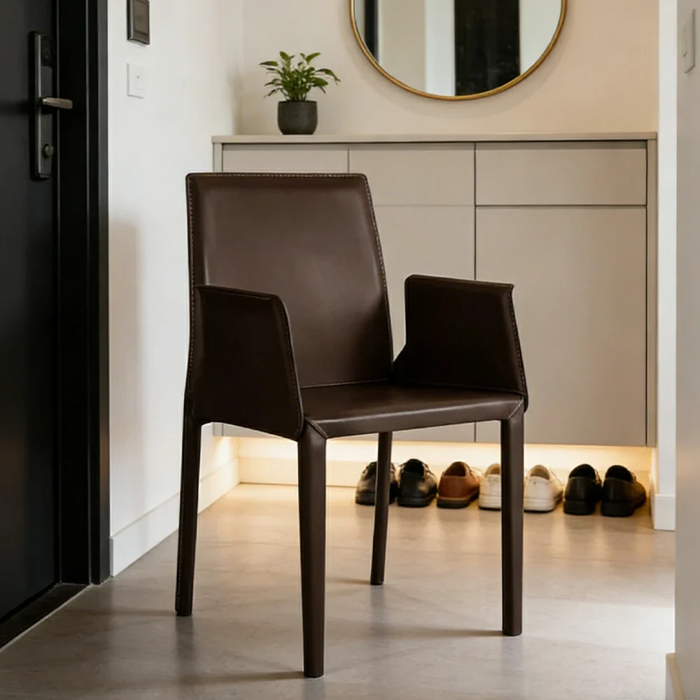 LIVARA Modern Arm Dining Chair - Premium 2.2mm Saddle Leather Upholstery, High Back Support, Carbon Steel Legs, Durable Stitching Design - Coffee - Image 4