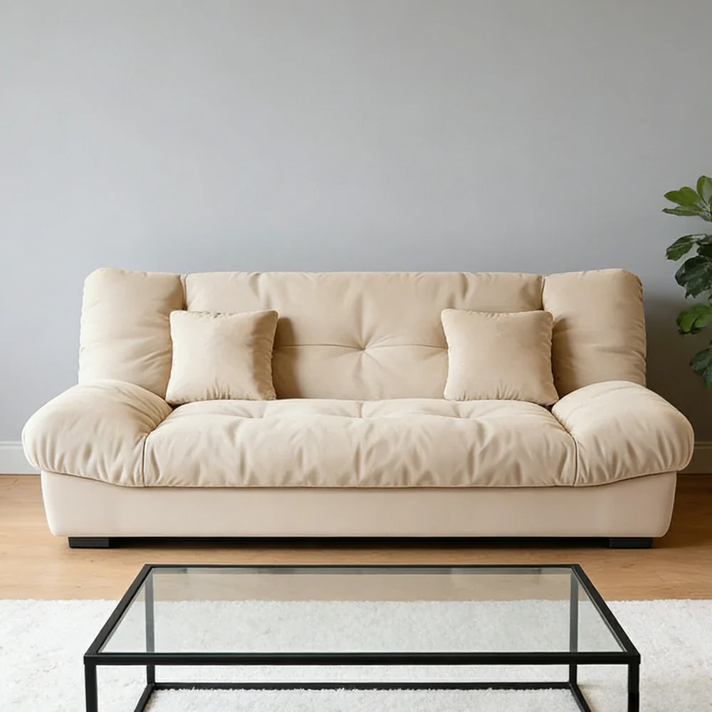 LIVARA 160/180cm Sofa Bed, Adjustable Backrest Design, Milk Velvet Upholstery, Solid Wood Frame, Armless Space-Saving Style - Khaki - Image 2