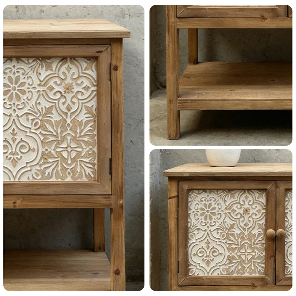 LIVARA Vintage Storage Cabinet - Double Door Organizer - Solid Fir Wood Frame - European Embossed Design with Open Shelf for Living Room Entryway - Image 3