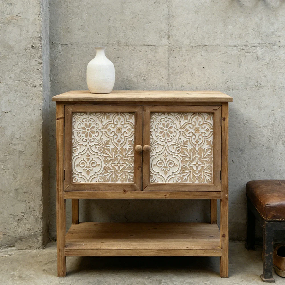 LIVARA Vintage Storage Cabinet - Double Door Organizer - Solid Fir Wood Frame - European Embossed Design with Open Shelf for Living Room Entryway - Image 4