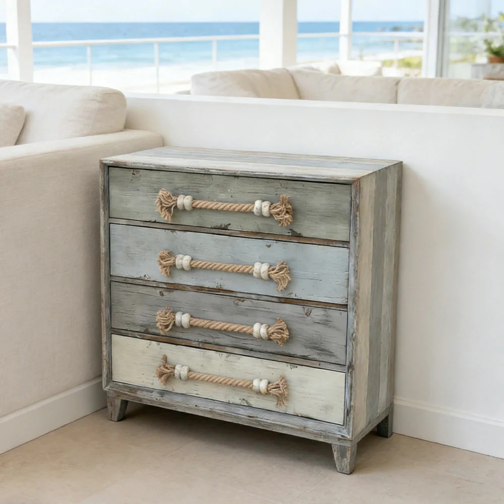LIVARA Coastal Style Drawer Cabinet - Multi-Drawer Storage Organizer - Solid Wood Frame - Vintage Distressed Finish with Rope Handles - Image 2