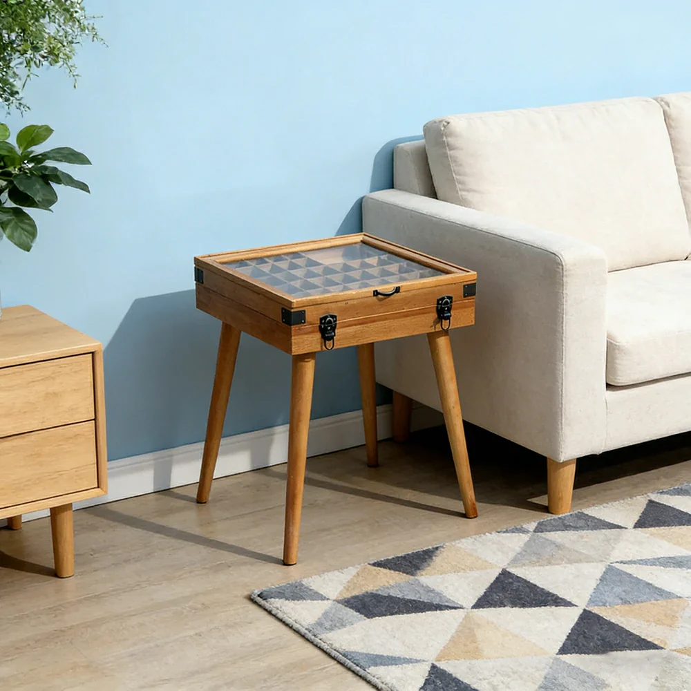 LIVARA Vintage Display Side Table - Glass Top Storage Display - Solid Wood Frame - Multi-Compartment Cabinet for Living Room Bedroom - Image 2