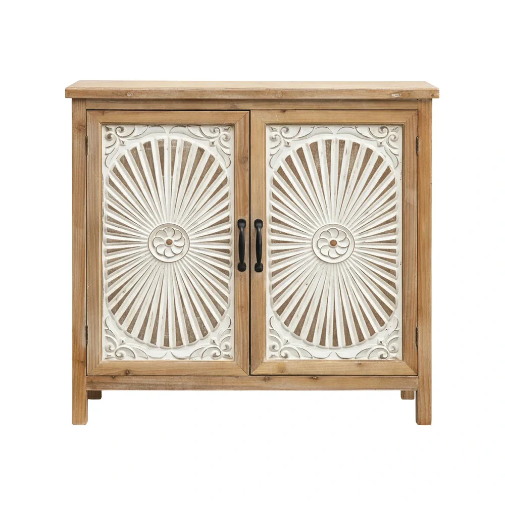 LIVARA Vintage Storage Cabinet - Double Door Organizer - Solid Wood Frame - Hand-Carved Whitewashed Design for Living Room Entryway