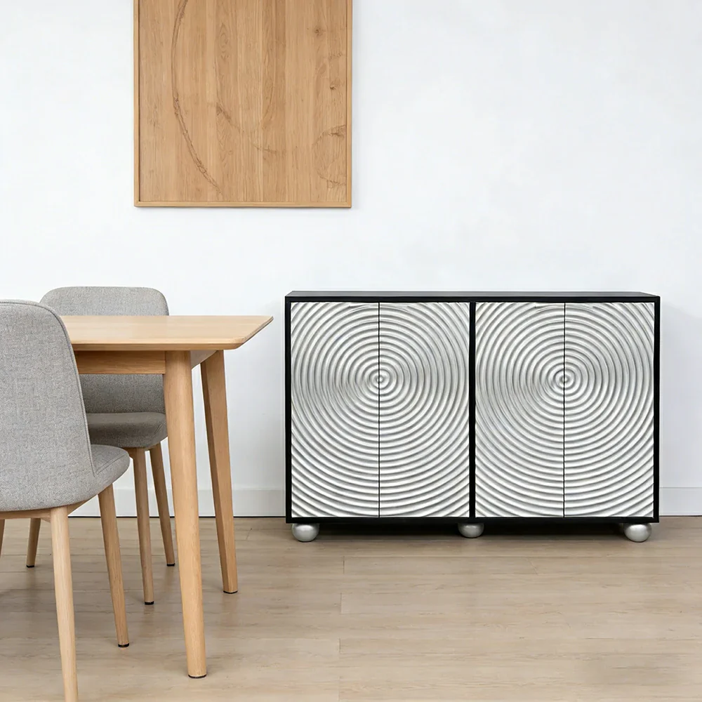 LIVARA Modern Four-Door Sideboard Cabinet - Wave Textured Storage - Durable MDF Construction - Matte Finish with Metallic Sphere Legs - Silver - Image 2