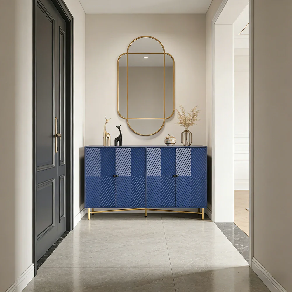 LIVARA Modern Four-Door Sideboard Cabinet - Wave Textured Storage - Durable MDF Construction - Matte Finish with Metallic Sphere Legs - Blue - Image 2